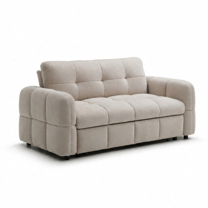 A modern tufted loveseat sofa in a light beige fabric, shown from a three-quarter angle on a white background.