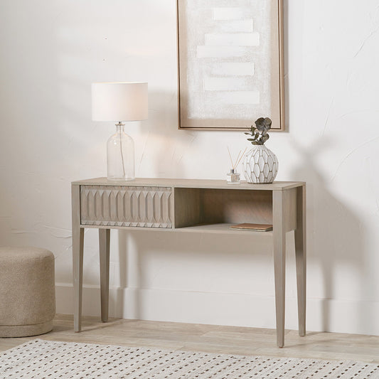 Shop this handcrafted Mango Wood console wood table featuring one spacious drawer – perfect for displaying lamps, books, or decorative accents. Dimensions - W120 x D35 x H80cm. Shop online at www.nobleandnook.co.uk