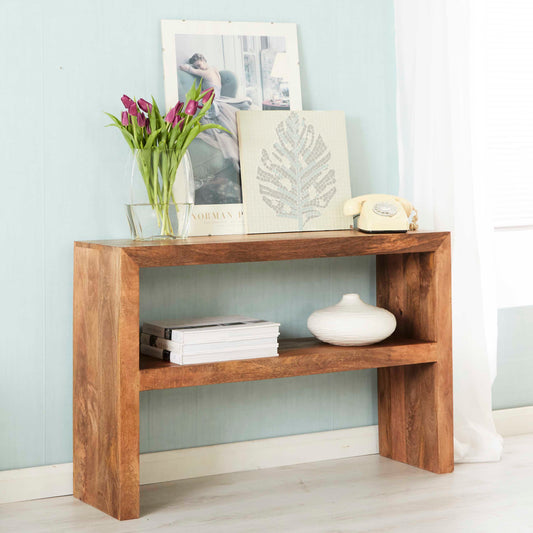 Solid Grade A Mango Wood – Premium quality and long-lasting durability Light Walnut Stain Finish - Fully Assembled - Dimensions W118×D35×H78cm. Shop online today at www.nobleandnook.co.uk