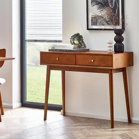 The Lowry 2 Drawer Console Table / Writing Desk blends retro-inspired charm, perfectly proportioned for compact home offices, living rooms, or stylish hallways. H80 x W100 x D45. www.nobleandnook.co.uk