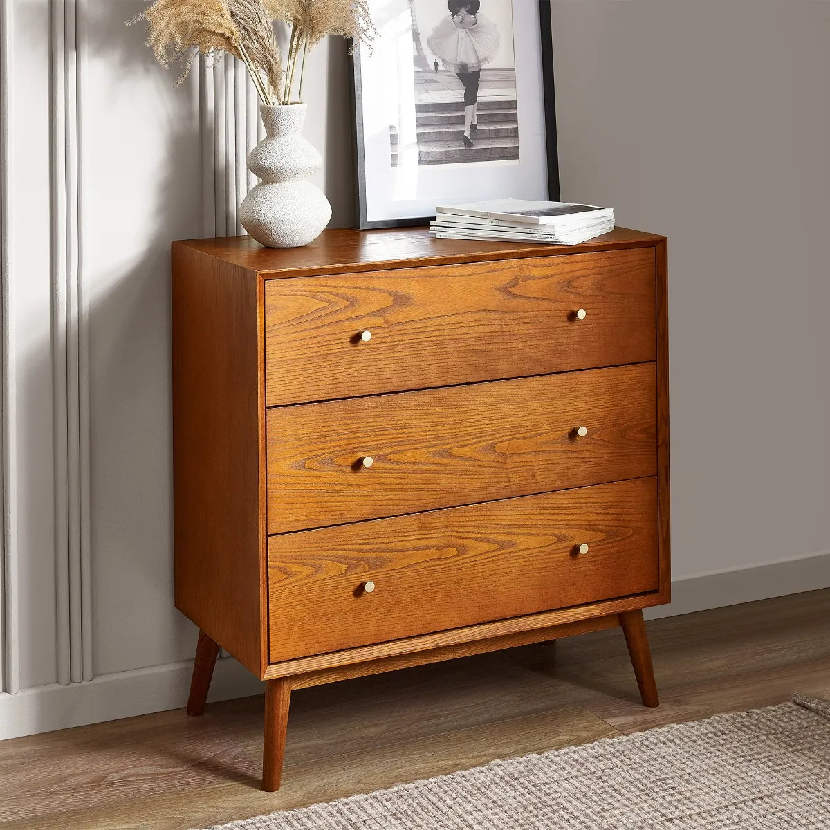 Lowry Cherry Ash Wood 3 Drawer Chest - Retro Inspired Elegance