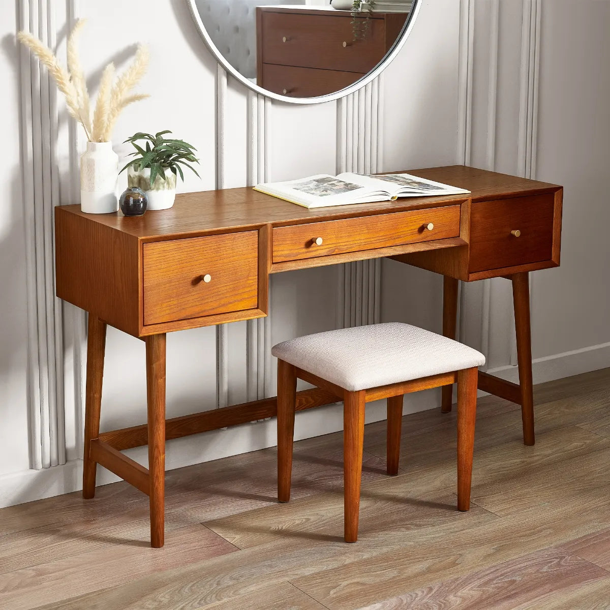 Lowry Cherry Ash Wood Dressing Table and Stool Set