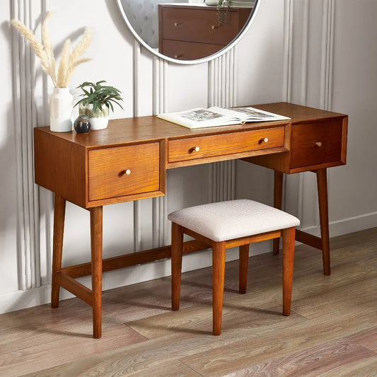 Shop the retro-inspired Lowry Dressing Table and Stool Set, a perfect timeless look. Constructed from an exquisite cherry ash wood. Shop online now at www.nobleandnook.co.uk