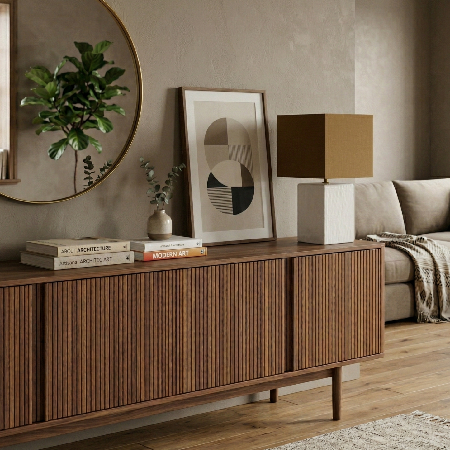 Modern living room with wooden sideboard, books, lamp, and abstract art.
