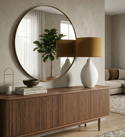 Living room with wooden sideboard, round mirror, and lamp.