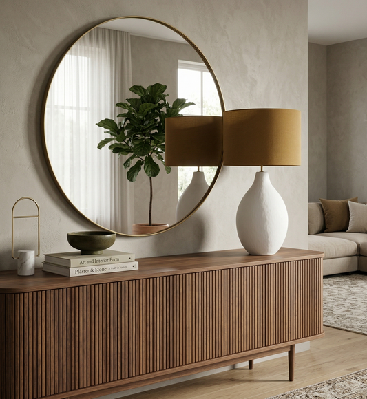 Living room with wooden sideboard, round mirror, and lamp.