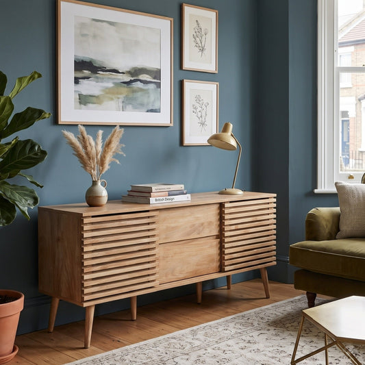 A mid-century modern wooden sideboard in a styled living room with blue walls, a green sofa, a potted fiddle-leaf fig, and framed wall art.