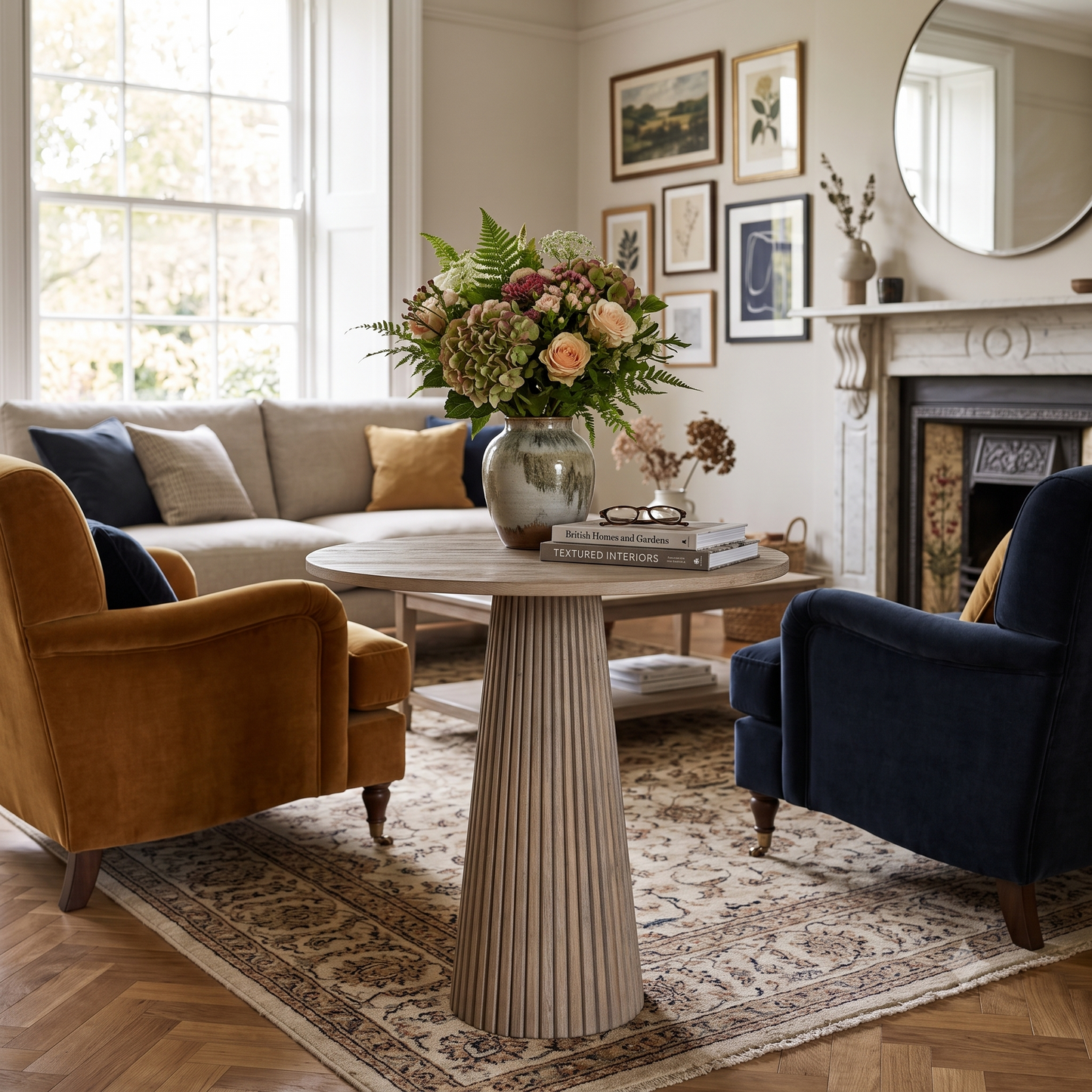 A styled living room scene with a round fluted pedestal table in the center, flanked by a mustard velvet armchair and a navy velvet armchair. A beige sofa, patterned rug, fireplace, and framed wall art are visible in the background.