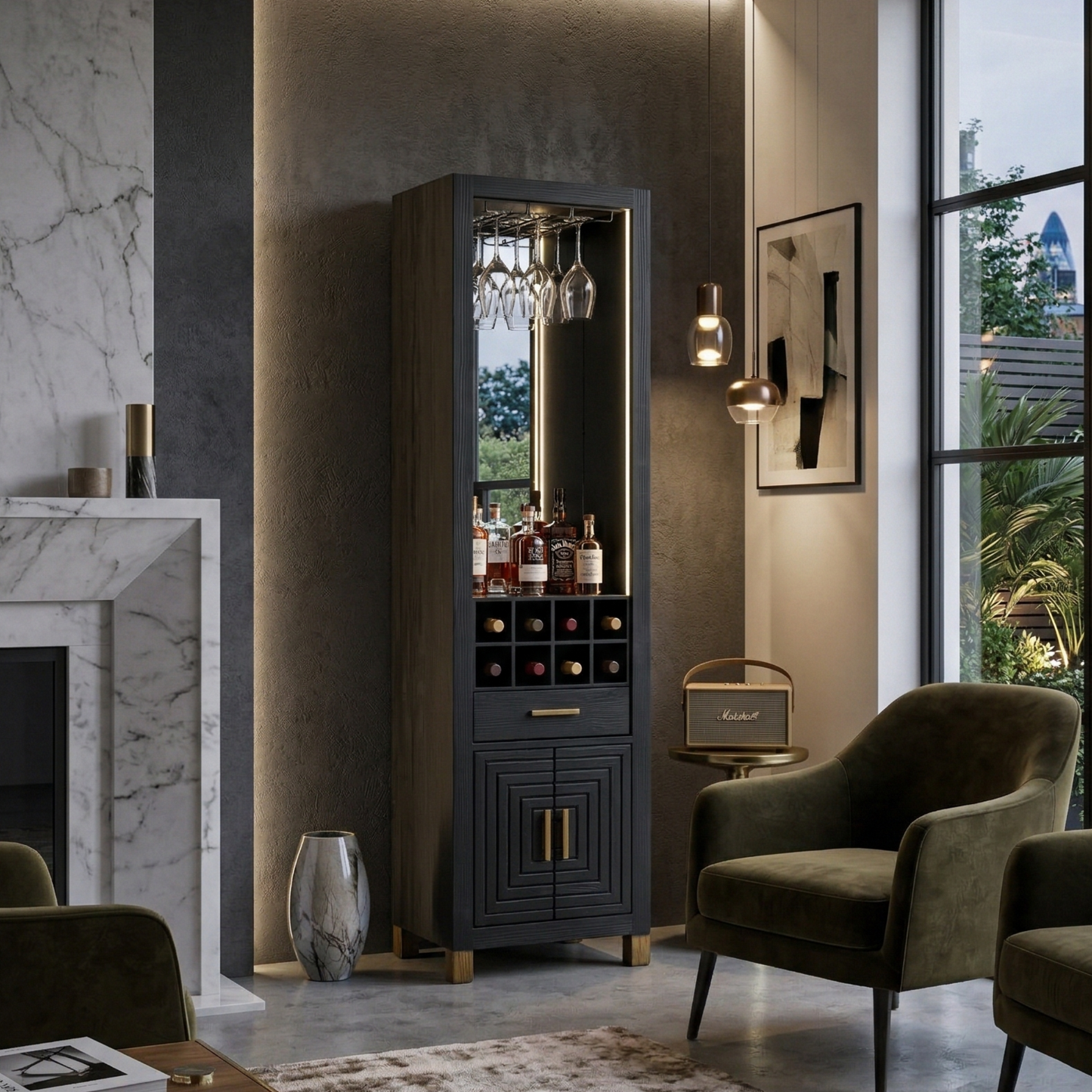 Modern living room with marble fireplace, armchairs, and a large window.