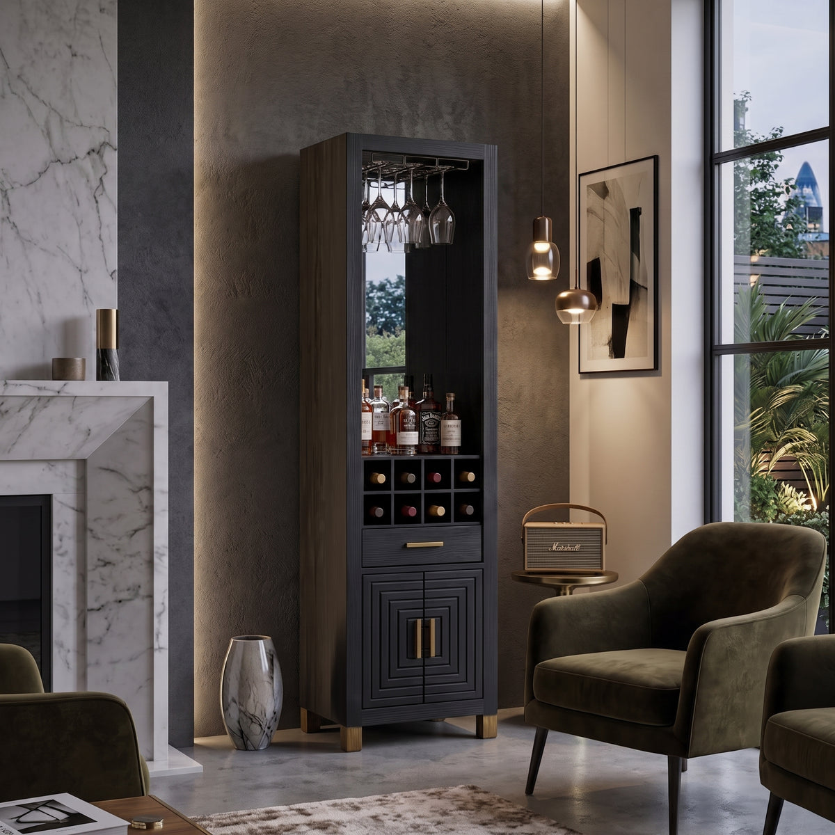 Modern living room with marble fireplace, armchairs, and a large window.