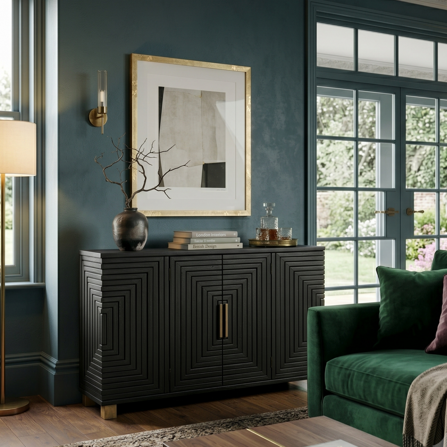 Living room with dark green walls, a black sideboard, and a green sofa.
