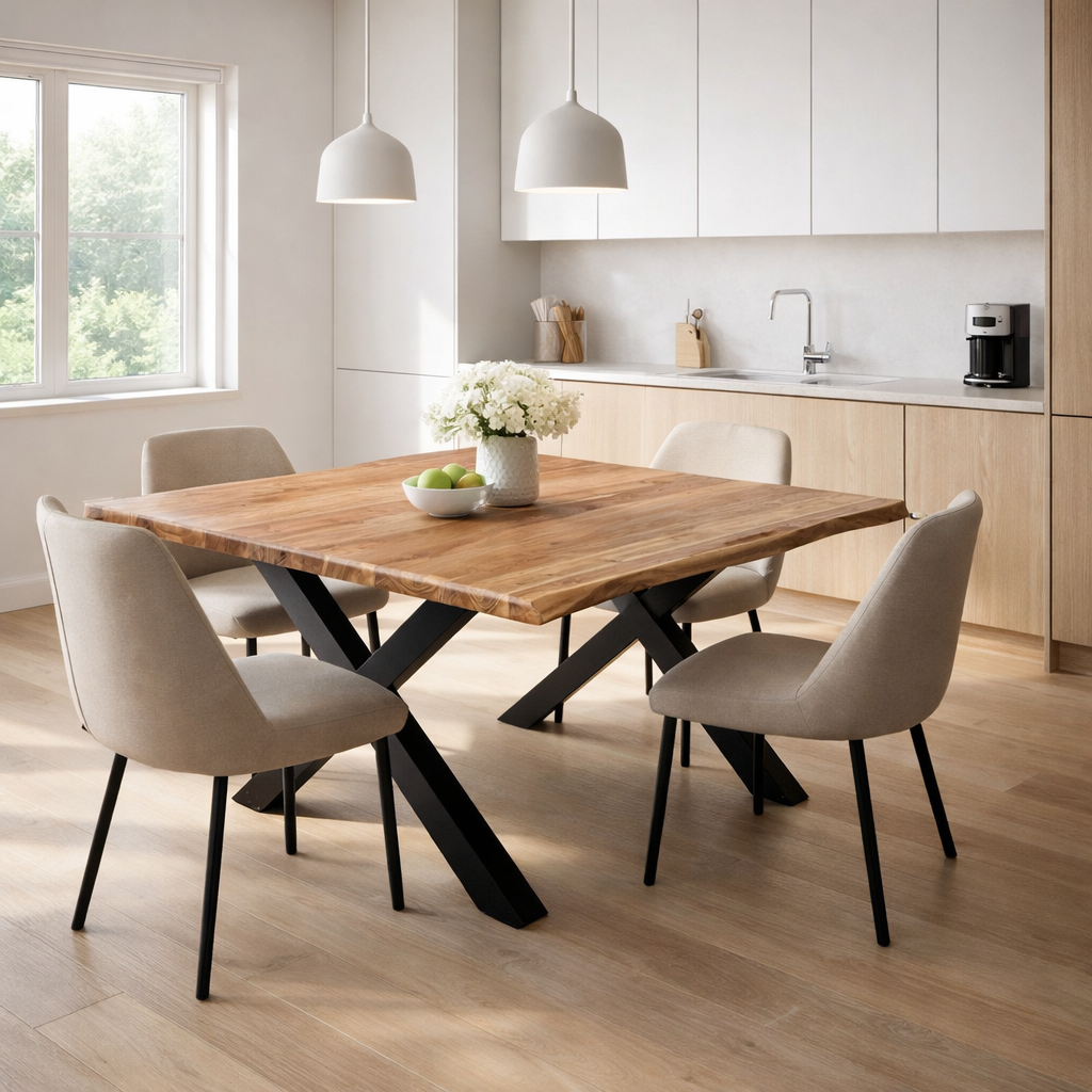 Live Edge Large Square Table with four dining chairs