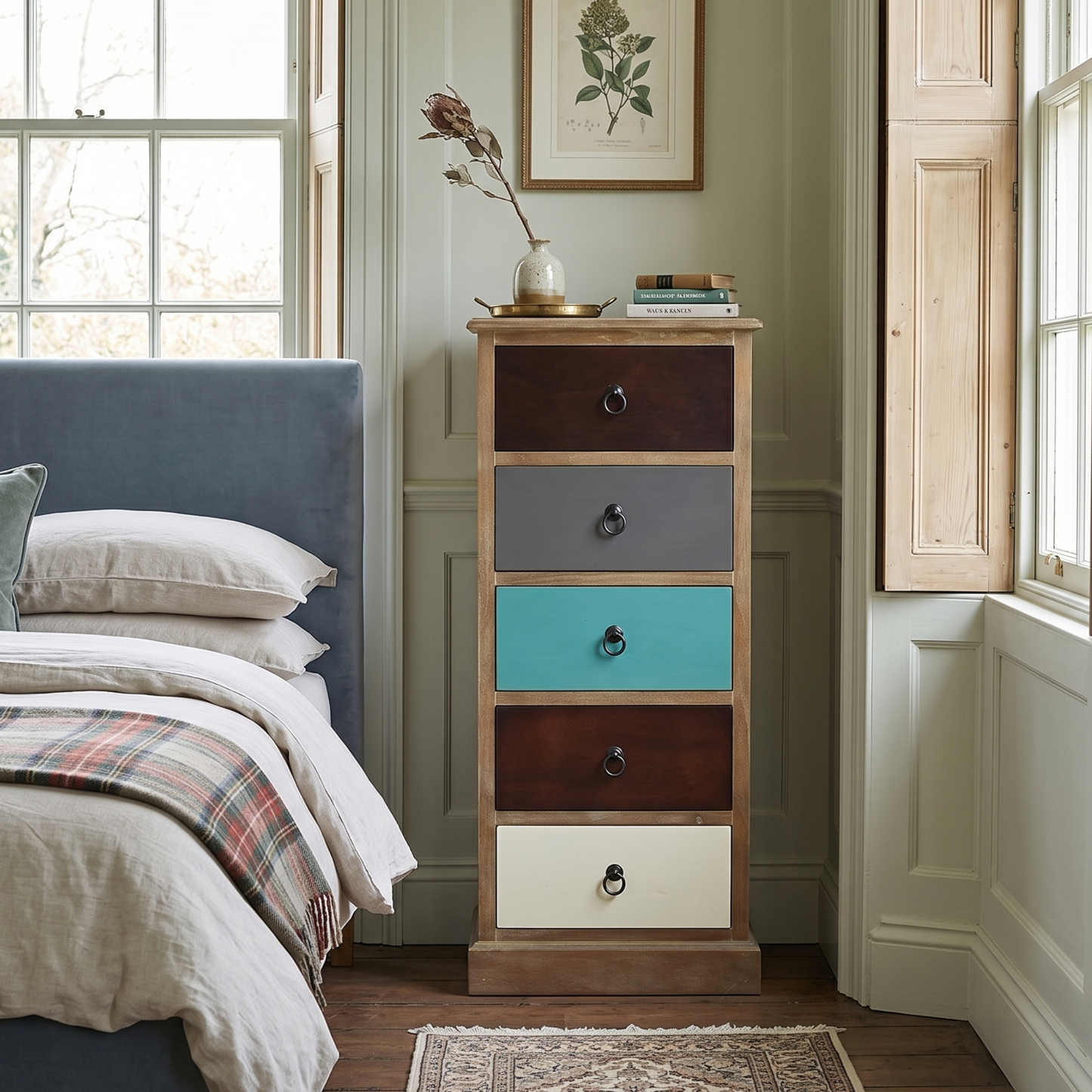 Bedroom with a wooden drawer unit against a wall, featuring a bed with plaid blanket and pillows.