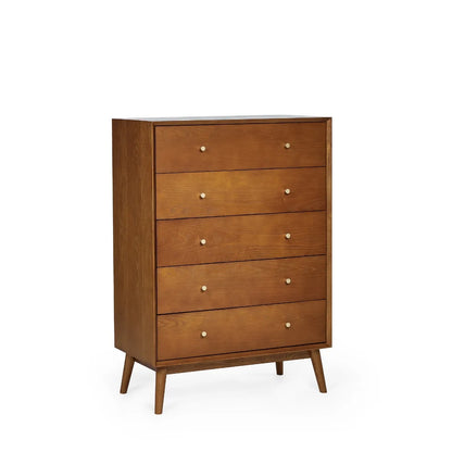 Shop the retro-inspired of the Lowry 5 Drawer Chest.  A gorgeous timeless design in cherry ash wood veneer with gold handles. Shop online now at www.nobleandnook.co.uk