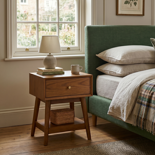 Wooden nightstand with lamp and mug next to a bed with green headboard and plaid blanket.
