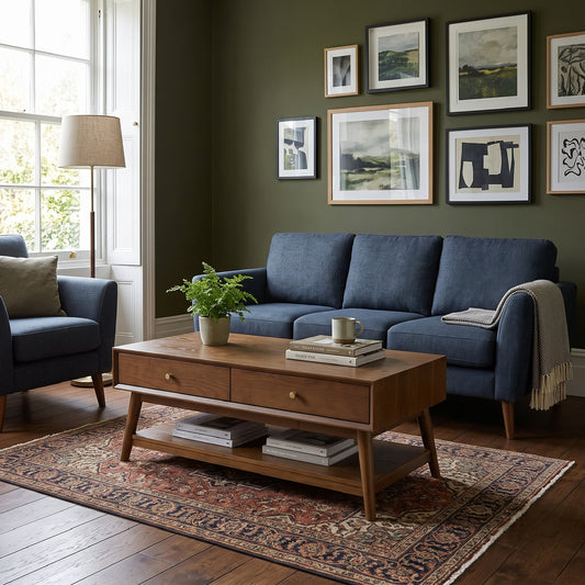 A styled living room featuring a blue fabric sofa, a wooden coffee table, a patterned area rug, and a dark olive green wall decorated with framed landscape art.