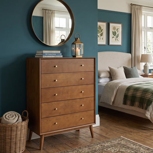 A mid-century modern wooden chest of five drawers in a warm medium brown finish, styled in a bedroom with a round wall mirror, lantern, and a bed in the background.