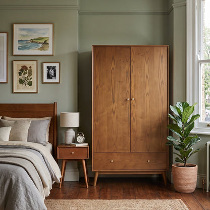 A mid-century modern wooden wardrobe with two doors and tapered legs stands in a styled bedroom with sage green walls, a bed, a small nightstand, and a potted plant.