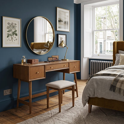 A wooden vanity desk with three drawers, a matching cushioned stool, and an oval gold-framed mirror, styled in a modern bedroom with a dark blue wall, wood floors, and a bed.