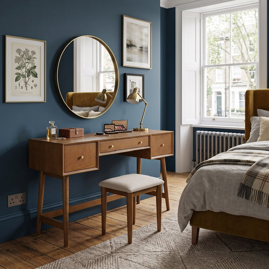 A wooden vanity desk with three drawers, a matching cushioned stool, and an oval gold-framed mirror, styled in a modern bedroom with a dark blue wall, wood floors, and a bed.