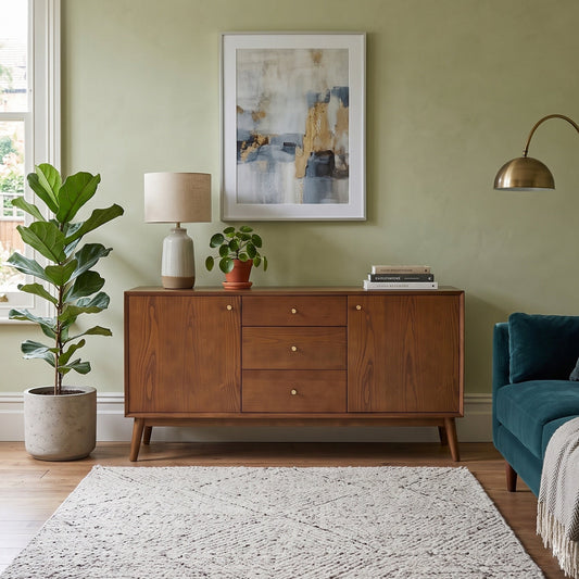 A mid-century modern wooden sideboard cabinet in a styled living room with sage green walls, a teal sofa, a potted fiddle-leaf fig, and a white patterned area rug.