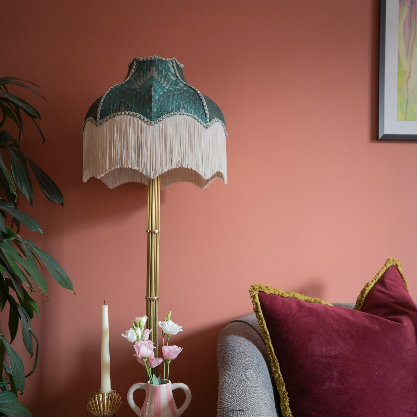 The Lolana Patterned Jade Lampshade with Ivory Fringe