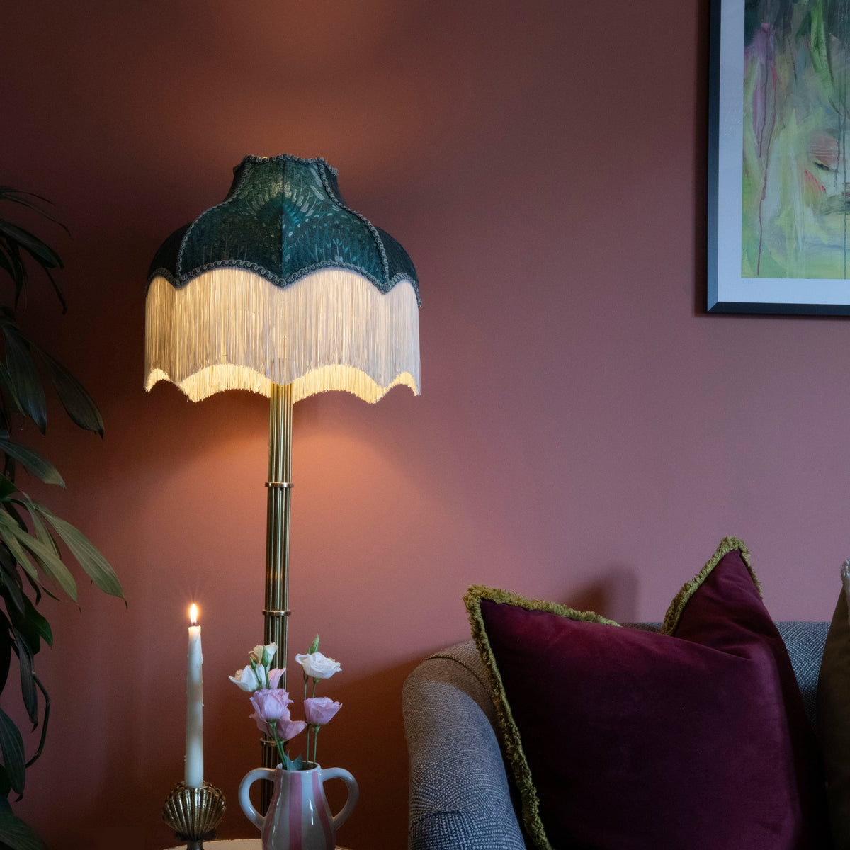 The Lolana Patterned Jade Lampshade with Ivory Fringe