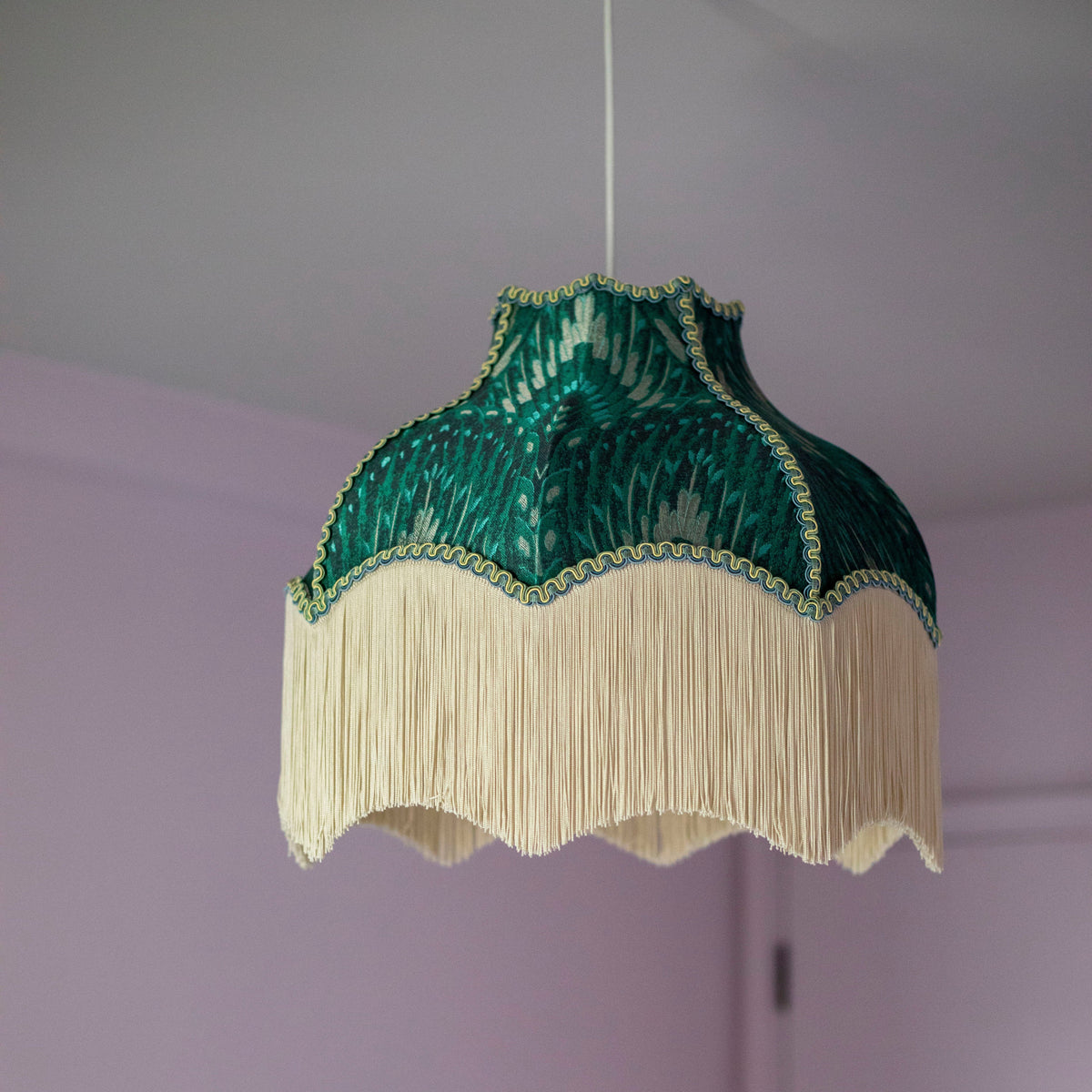 The Lolana Patterned Jade Lampshade with Ivory Fringe