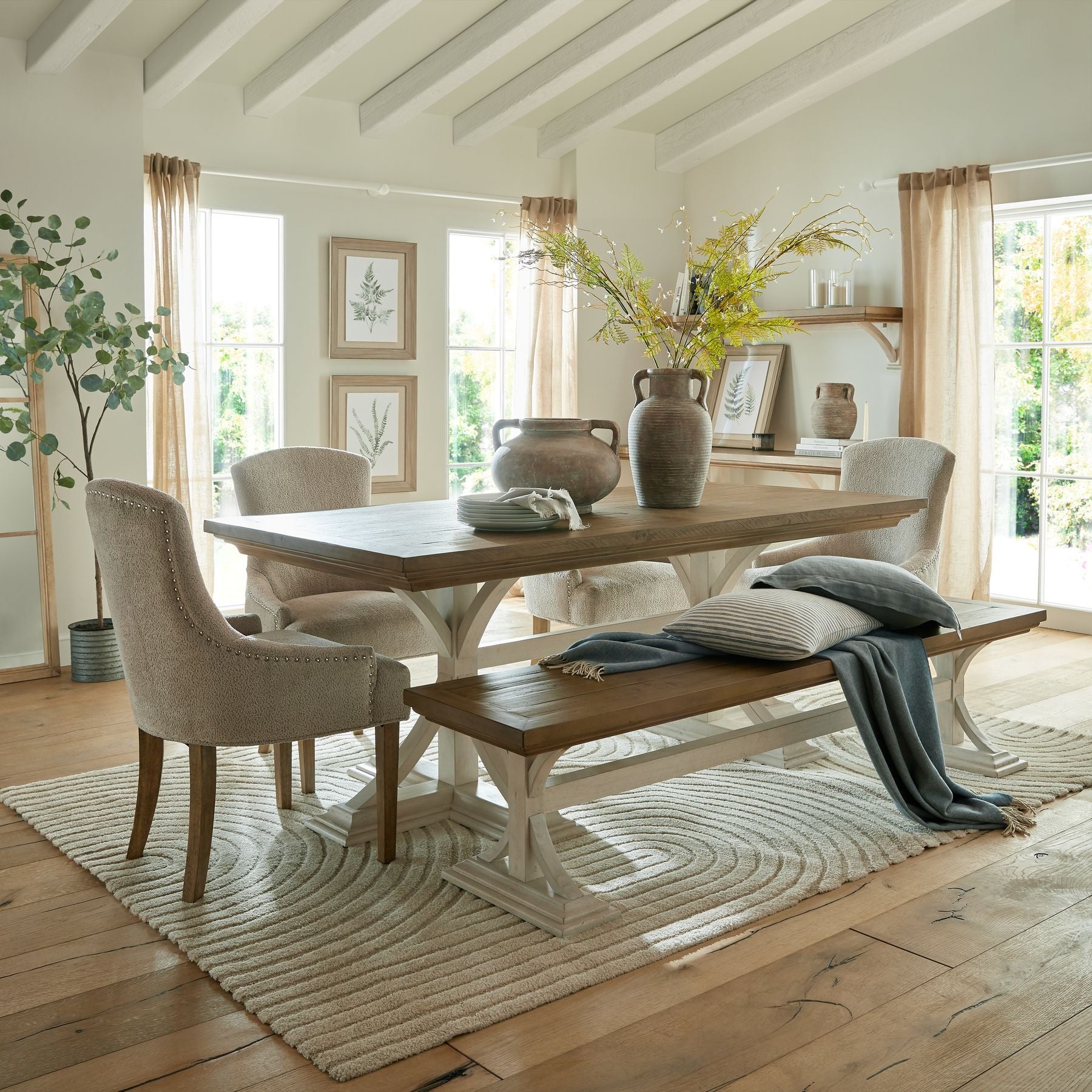 Shop the Contemporary Dining Bench, featuring a bottom painted in off-white and a top made of stained wood. FREE UK MAINLAND DELIVERY. Shop online now at www.nobleandnook.co.uk