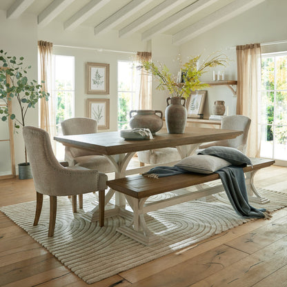 Shop the Contemporary Dining Bench, featuring a bottom painted in off-white and a top made of stained wood. FREE UK MAINLAND DELIVERY. Shop online now at www.nobleandnook.co.uk