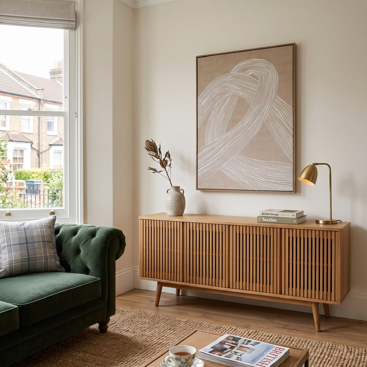 A styled living room corner featuring a mid-century modern wooden credenza with a slatted front, topped with a ceramic vase, books, and a brass table lamp. Above the credenza hangs a large framed abstract canvas print.