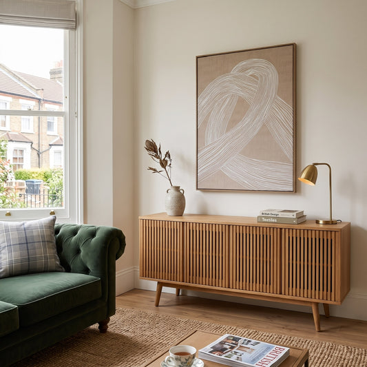 A styled living room corner featuring a mid-century modern wooden credenza with a slatted front, topped with a ceramic vase, books, and a brass table lamp. Above the credenza hangs a large framed abstract canvas print.