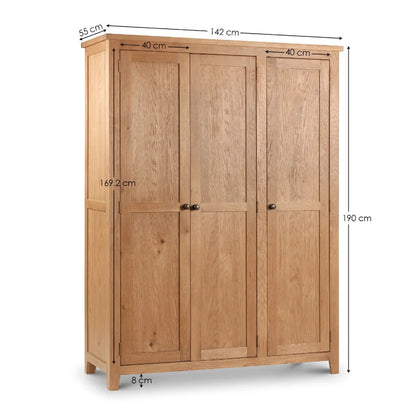 Wooden wardrobe with dimensions labeled on a white background