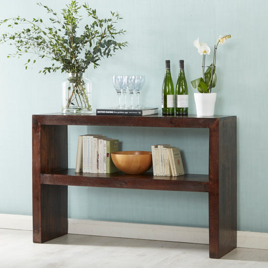 Solid Grade A Mango Wood – Premium quality and long-lasting durability Dark Walnut Stain Finish - Fully Assembled - Dimensions W118 × D35 × H78cm. Shop online today at www.nobleandnook.co.uk