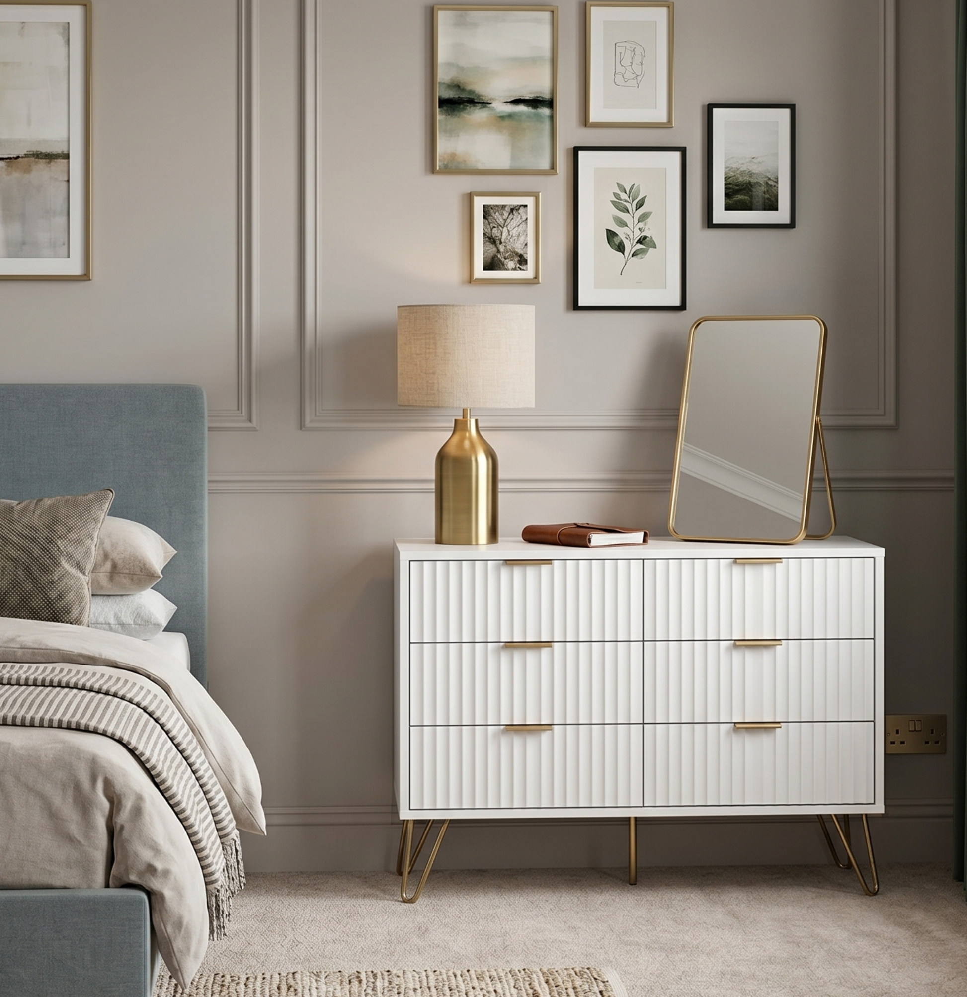 Modern bedroom with a white dresser, gray bed, and framed artwork on the wall.