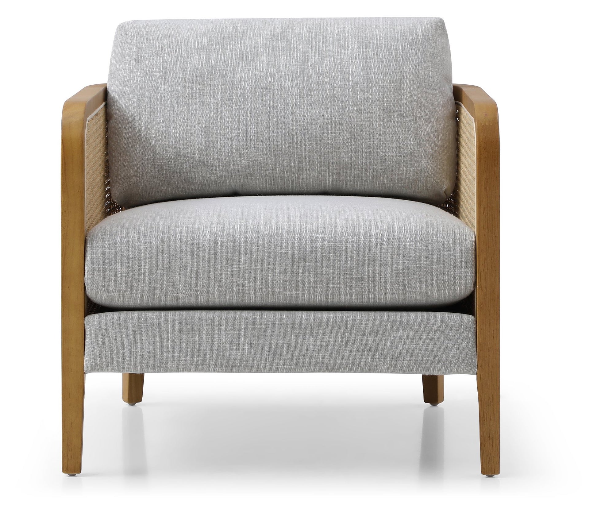 Shop the Mabel Rattan Accent Chair, a unique piece featuring a padded back and seat adorned with a bolster cushion, all resting on a stained wooden frame. Shop online now at www.nobleandnook.co.uk
