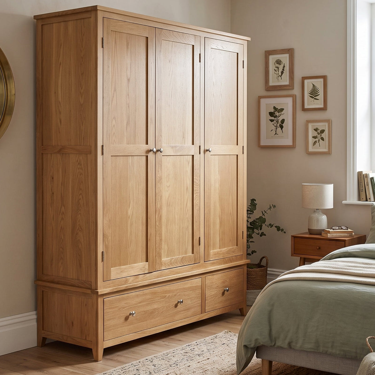 A tall light oak wood three-door wardrobe with two drawers at the base, shown in a styled bedroom next to a bed.
