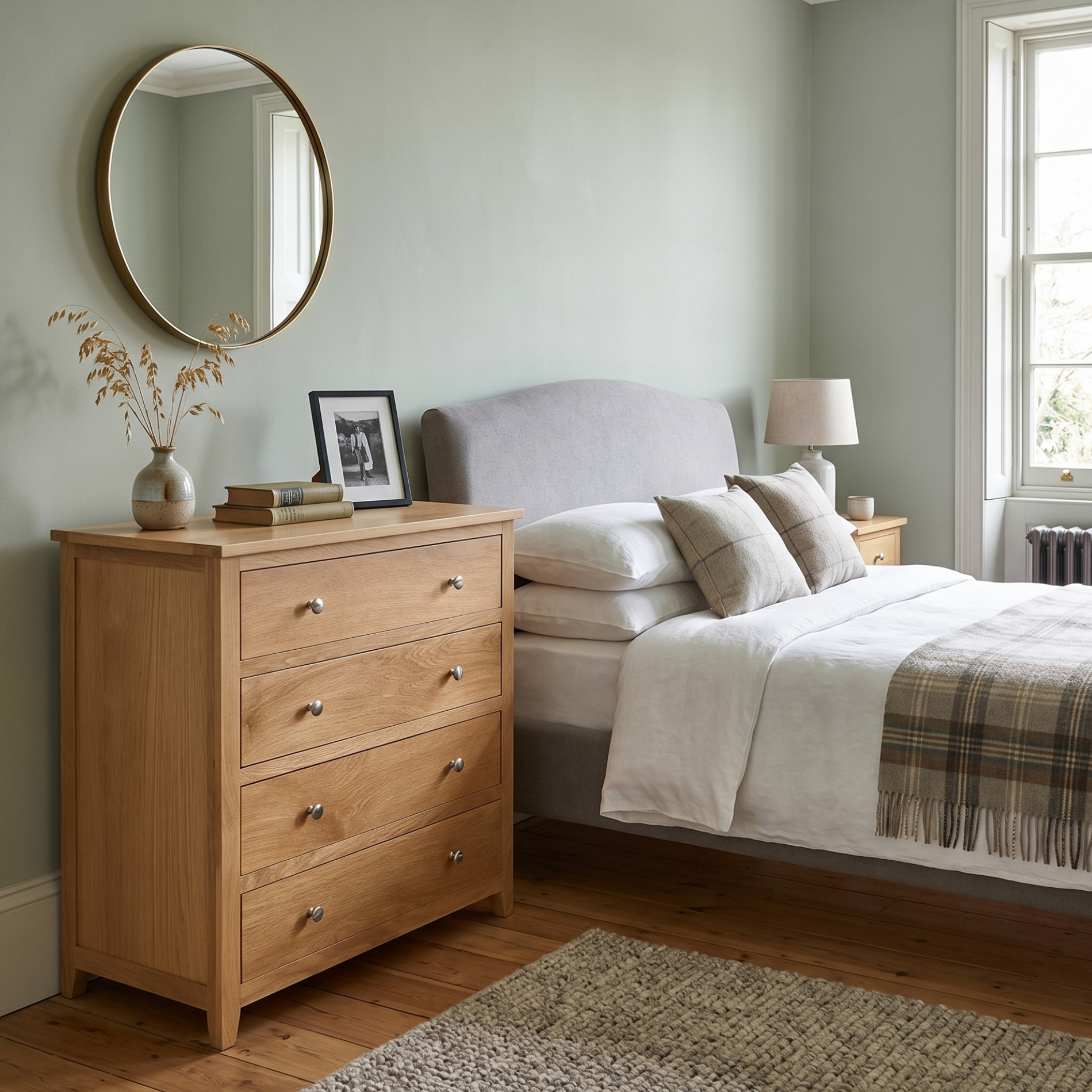Nursery room with wooden dresser, bed, and round mirror.