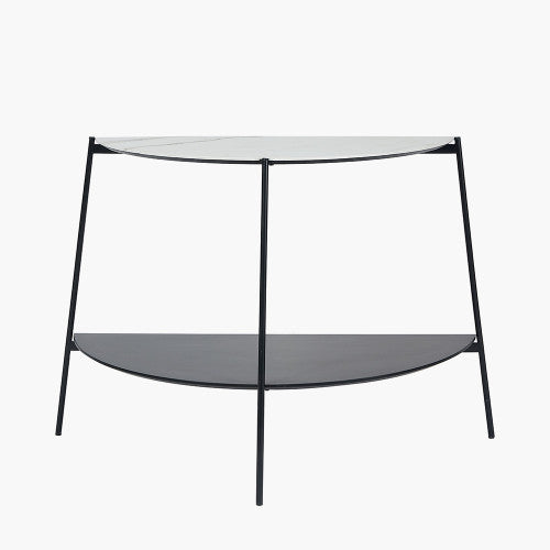 half Round glass table with black metal frame on a white background