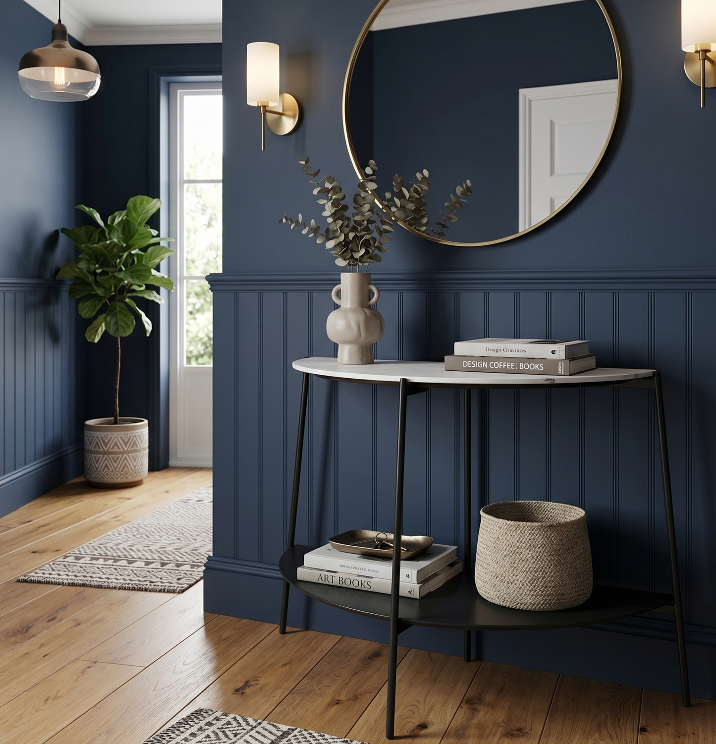 Navy blue wall with a round mirror, console table, and decorative items.