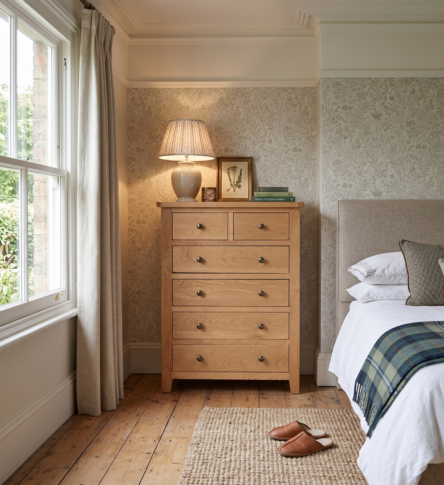 Bedroom with wooden dresser and bed, lamp on dresser