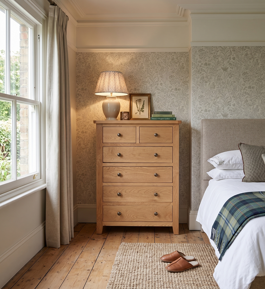 Bedroom with wooden dresser and bed, lamp on dresser
