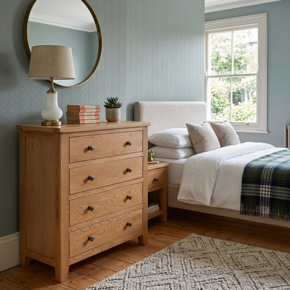 Bedroom with wooden dresser, bed, and round mirror.