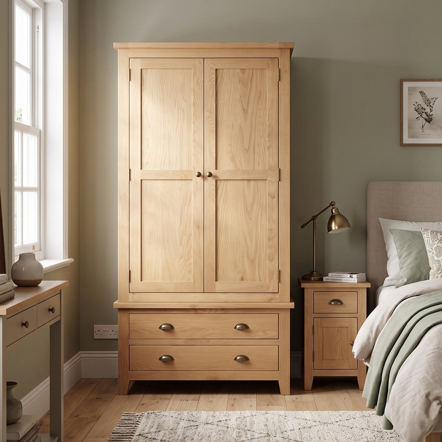 A light natural oak wooden wardrobe with two upper doors and two lower drawers, styled in a modern bedroom next to a matching nightstand and bed.