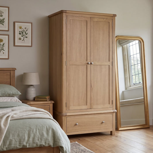 A light oak double-door wardrobe with a single drawer, shown in a styled bedroom next to a bed, a bedside table with a lamp, a gold-framed floor mirror, and a window with a cushion.