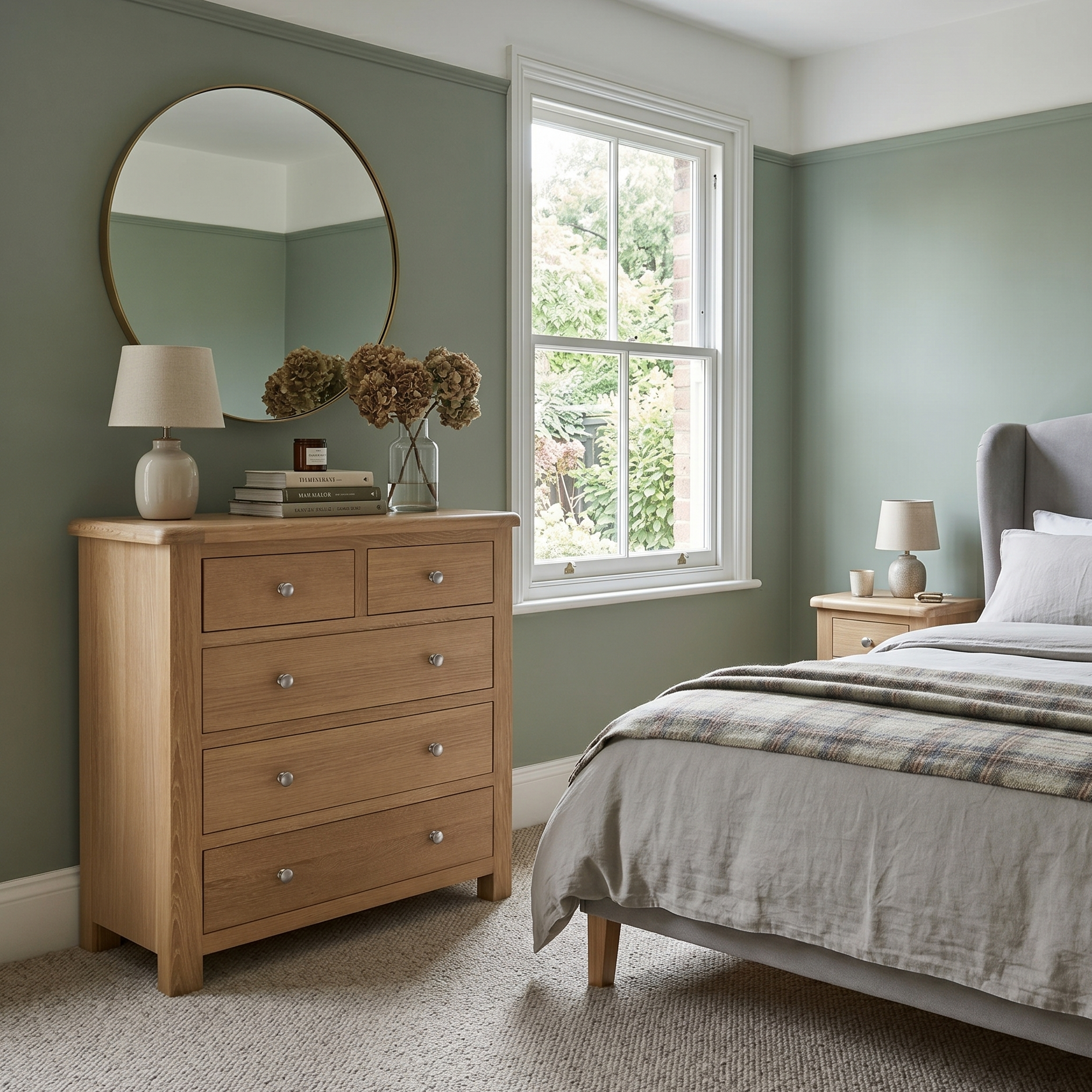 Bedroom with wooden dresser, bed, and window
