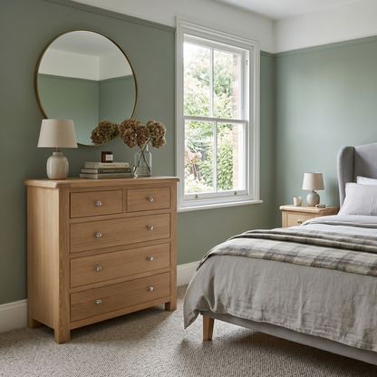 Bedroom with wooden dresser, bed, and window