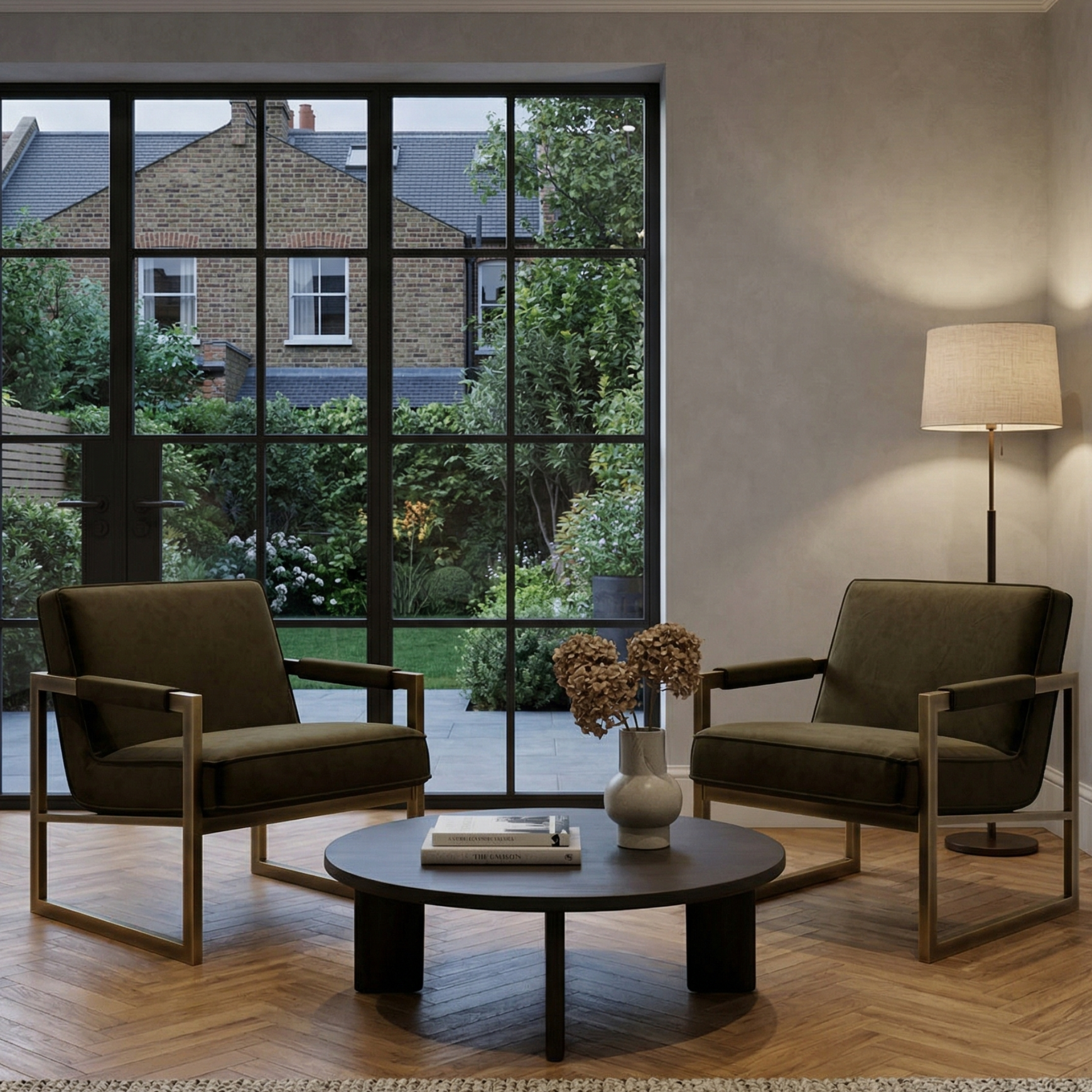 Modern living room with two brown chairs, a round coffee table, and a lamp.