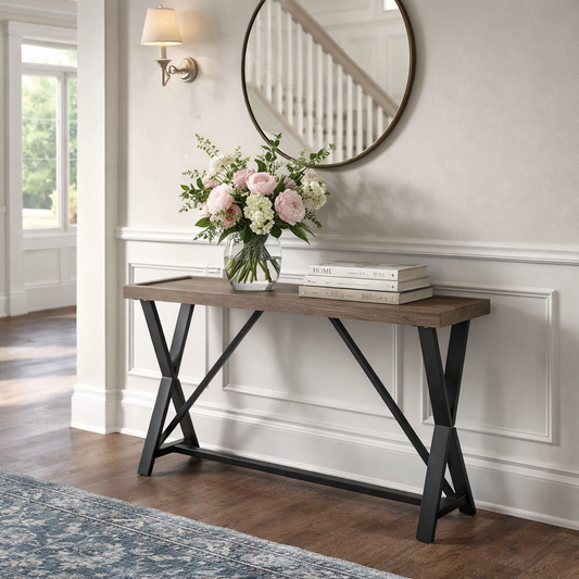 Pershore Console Table in Aged Oak and Black Metal Legs