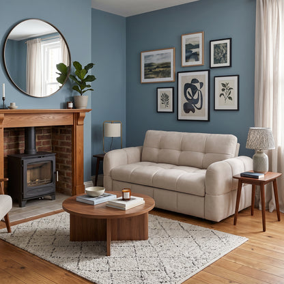 A styled living room featuring a cream tufted loveseat sofa, a round wooden coffee table, a patterned area rug, a brick fireplace with a wood-burning stove, and a gallery wall of framed art on a blue wall.